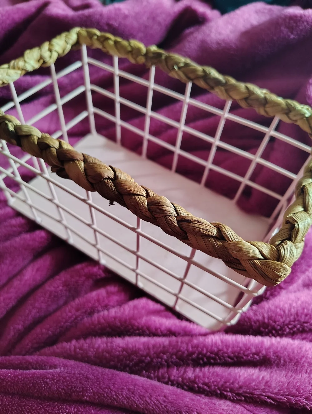 Set Of 2 Pink Wire Baskets With Rattan Braided To